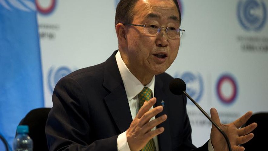 Le secrétaire général de l'ONU, Ban Ki-moon fait une déclaration lors de la conférence internationale sur le Climat, le 9 décembre 2014 à Lima, au Pérou