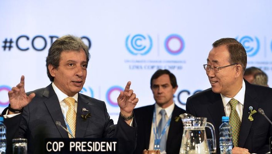 Le ministre péruvien de l'Environnement, Manuel Pulgar-Vidal et le secrétaire général de l'Onu, Ban Ki-moon, à la 20ème conférence de l'Onu sur le climat, le 9 décembre 2014