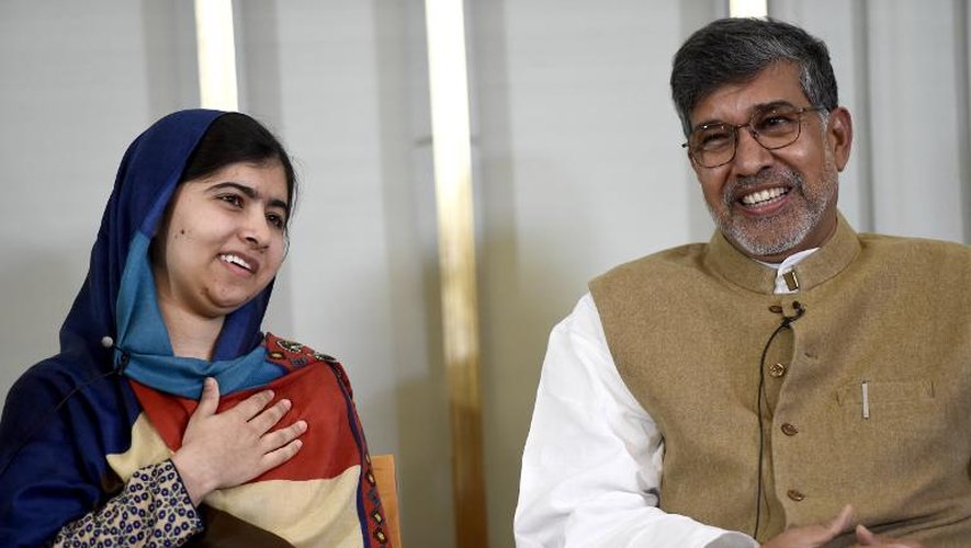 La jeune Pakistanaise Malala et l'Indien Kailash Styarthi, Prix Nobel de la Paix 2014, le 9 décembre 2014 à Oslo