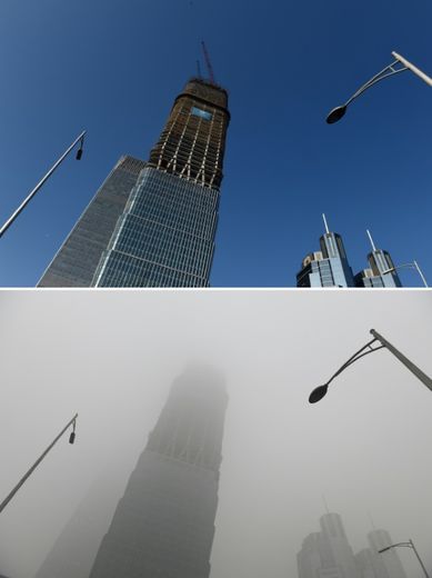 Montage photo montrant un gratte-ciel le 1er (en haut) et le 3 décembre 2015, à Pékin