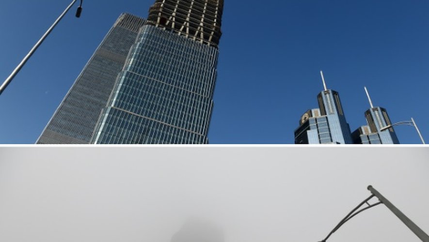 Montage photo montrant un gratte-ciel le 1er (en haut) et le 3 décembre 2015, à Pékin