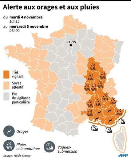 Carte de France avec les départements en alerte orange, inondations, crues, orages et vagues le 4 novembre 2014