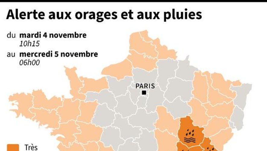 Carte de France avec les départements en alerte orange, inondations, crues, orages et vagues le 4 novembre 2014