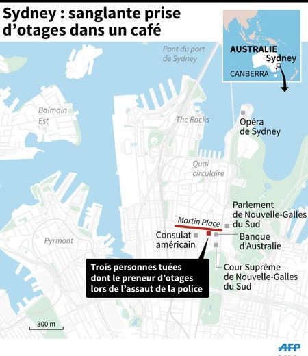 Carte de localisation du café où s'est déroulé une prise d'otages à Sydney