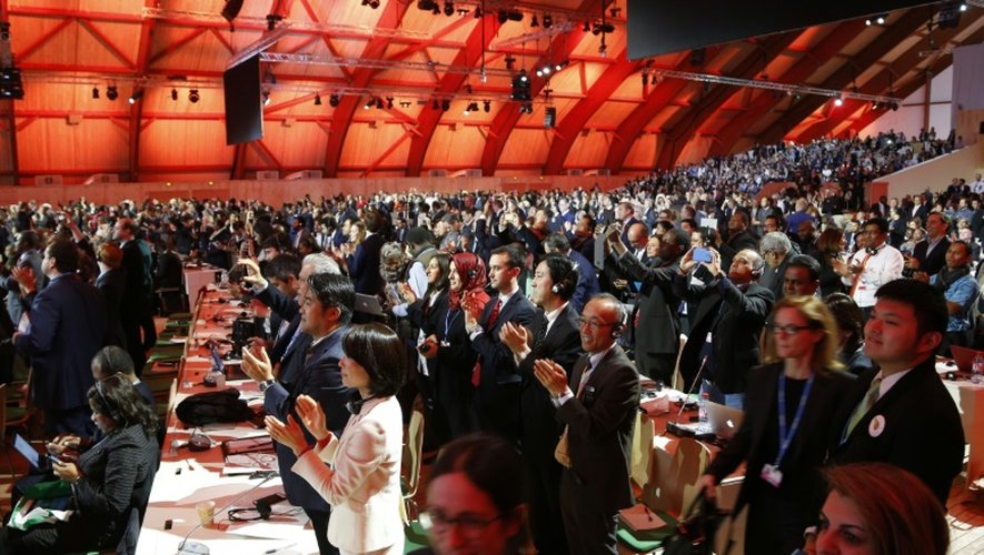 Les délégués applaudissent l'annonce de l'accord de Paris au Bourget, le 12 décembre 2015