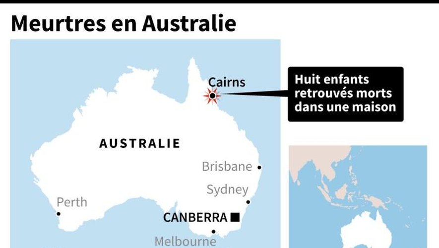 Carte de l'Australie localisant la ville de Cairns où 8 enfants ont été retrouvés morts