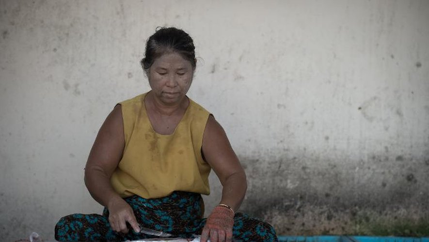 Une Birmane immigrée en Thaïlande prépare un poisson le 3 décembre 2014 à Ban Nam Khem