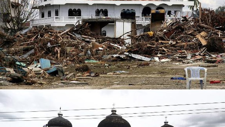 Montage de photos montrant des maisons détruites devant la mosquée de Meulaboh, dans la province d'Aceh en Indonésie, le 15 janvier 2004 juste après le tsunami, et le même site 10 ans plus tard
