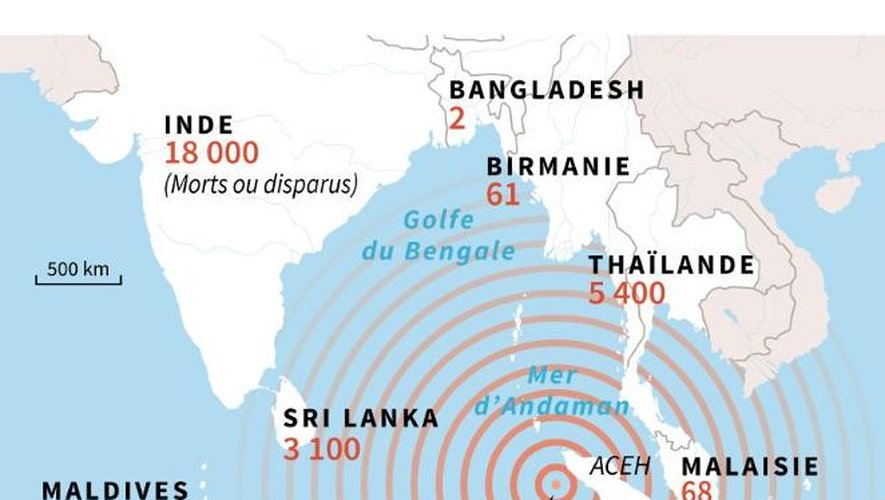 Carte détaillée de l'impact du tsunami de 2004 et bilan des victimes