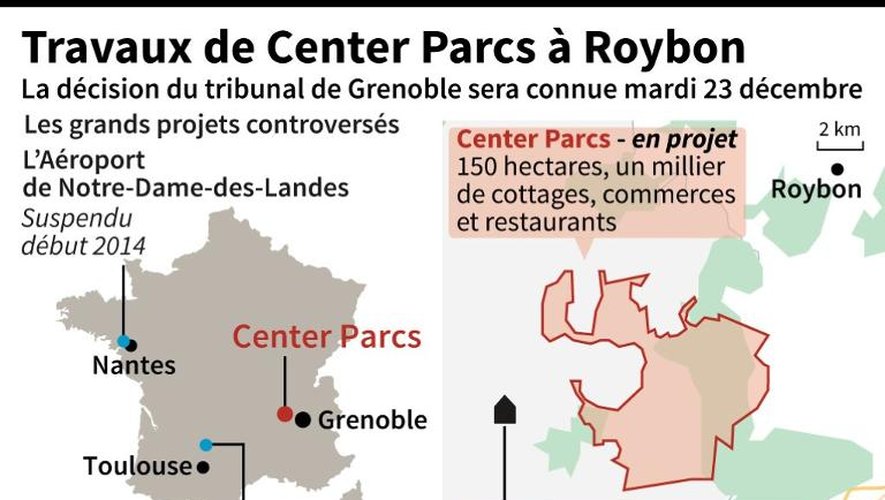 Localisation du Center Parc de Roybon et des récents projets controversés