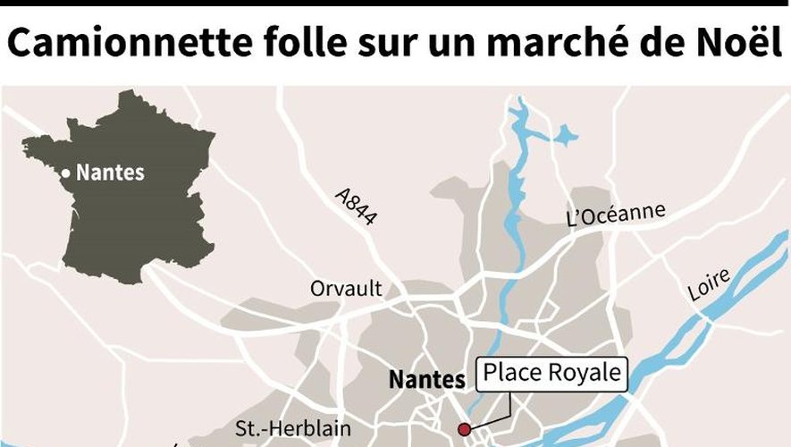Carte localisant les marchés de Noël à Nantes où un camionnette a foncé sur des passants, blessant au moins 6 personnes