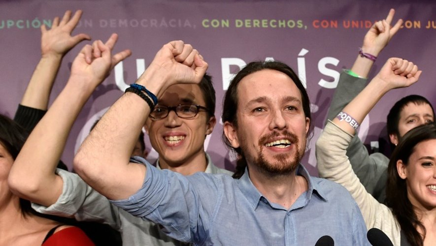 Le dirigeant de Podemos, Pablo Iglesias, célèbre le score de son parti aux législatives le 20 décembre 2015 à Madrid