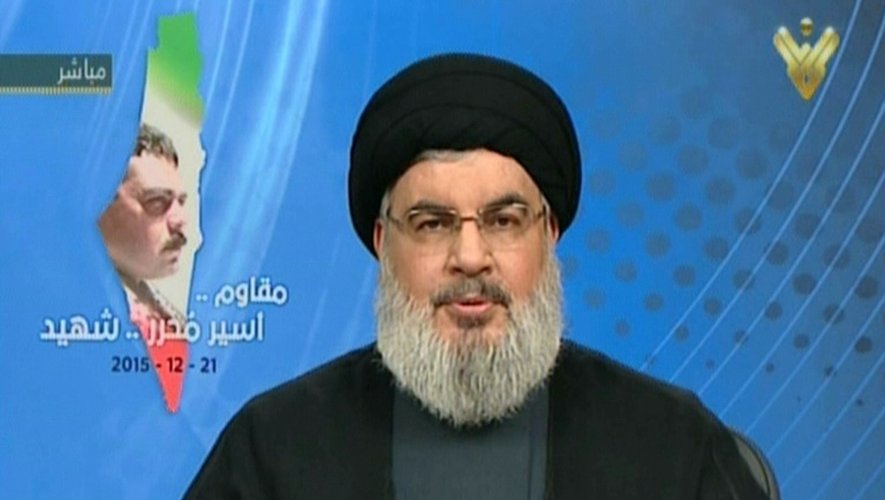 Capture d'écran du chef du Hezbollah libanais Hassan Nasrallah, lors de son intervention sur la chaine de la télévision al-Manar, le 21 décembre 2015