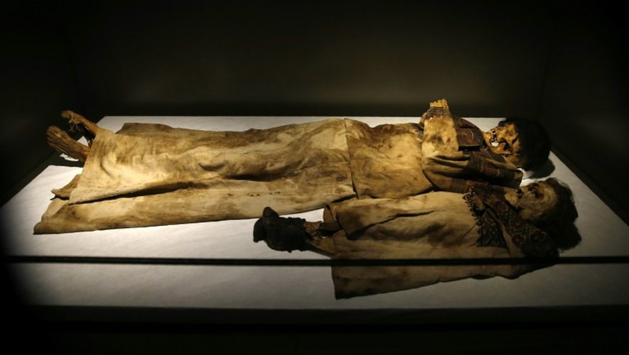 Des momies découvertes dans la vallée de Qadicha au Liban, exposées au musée national de Beyrouth, le 13 octobre 2016