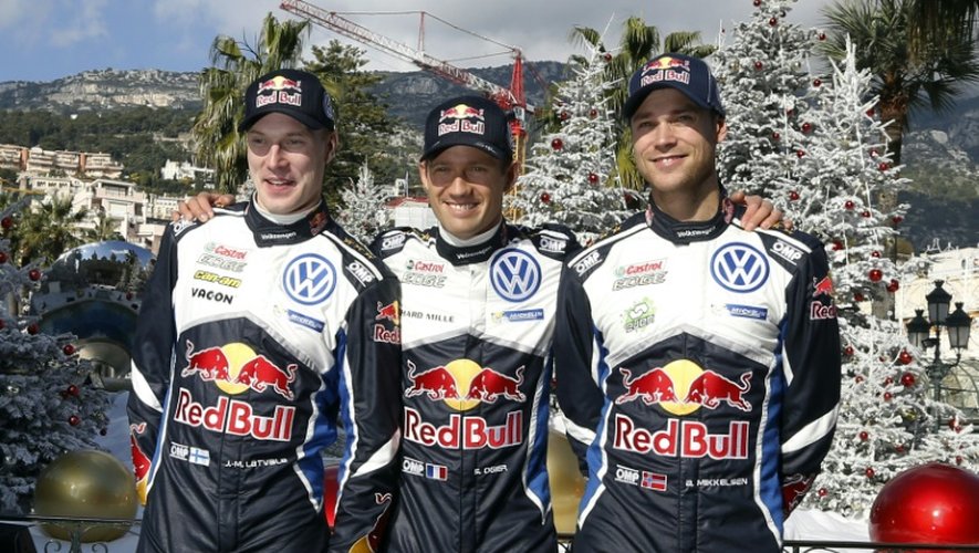 Les pilotes de Volkswagen Jari Matti Latvala, Sébastien Ogier et Andreas Mikkelsen, le 21 janvier 2016 avant le Rallye Monte-Carlo