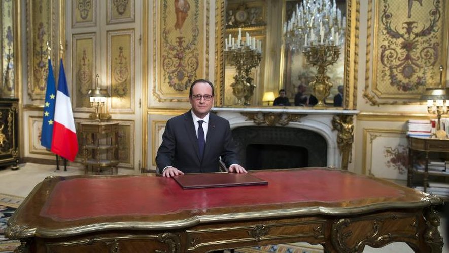 François Hollande lors de son allocution à l'occasion de la nouvelle année, le 31 décembre 2014 à l'Elysée