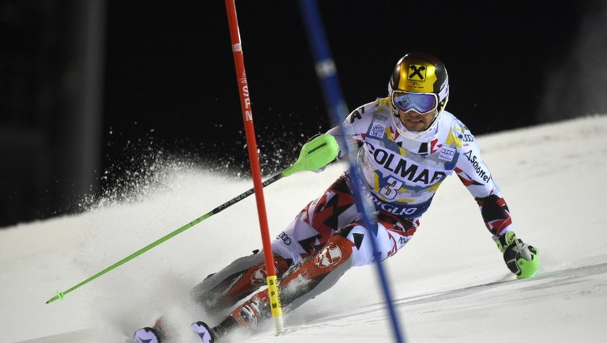 L'Autrichien Marcel Hirscher lors de la 1re manche du slalom en nocturne de  Madonna di Campiglio (Italie), le 22 décembre 2015