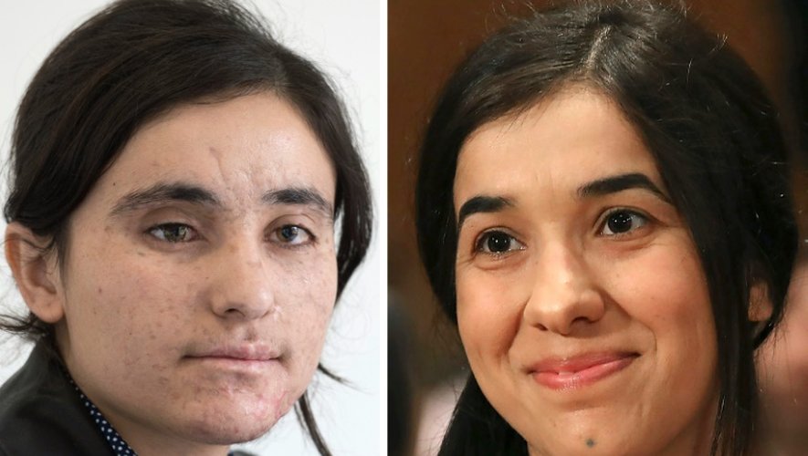 Montage de portraits de deux jeunes Yézidies, Lamia Haji et Nadia Murad, qui ont été esclaves du groupe Etat islamique et ont reçu le Prix Sakharov le 27 octobre 2016