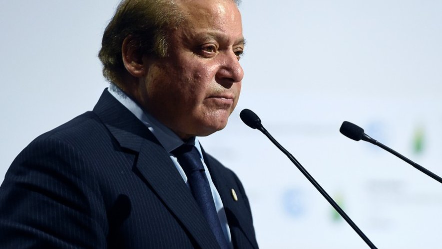 Le premier ministre pakistanais Nawaz Sharif livre un discours lors de la COP21, le 30 novembre 2015 au Bourget près de Paris