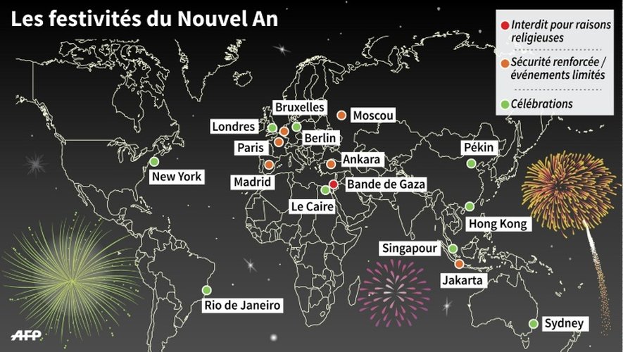 Localisation des festivités et des mesures de sécurité prises pour le Nouvel An 2016 dans le monde.