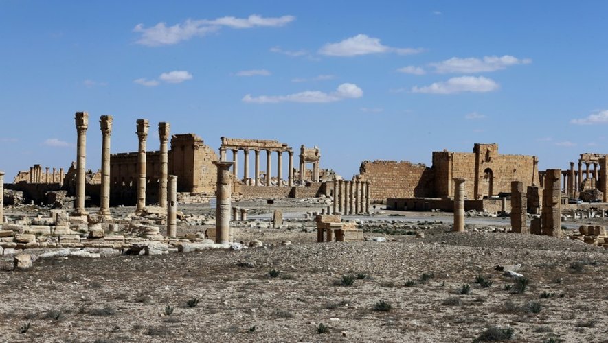 Le site antique de Palmyre, où le Temple de Bel a été partiellement détruit par les jihadistes du groupe EI, photographié le 31 mars 2016