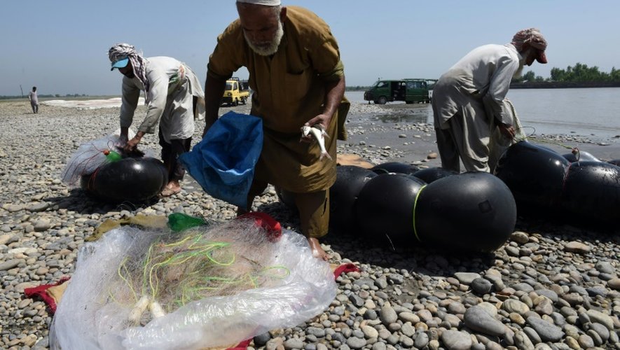 Des pêcheurs pakistanais rangent leur filet le 18 août 2016, après leurs prises dans la rivière Kaboul, au village Hajji Zai dans le nord ouest du Pakistan