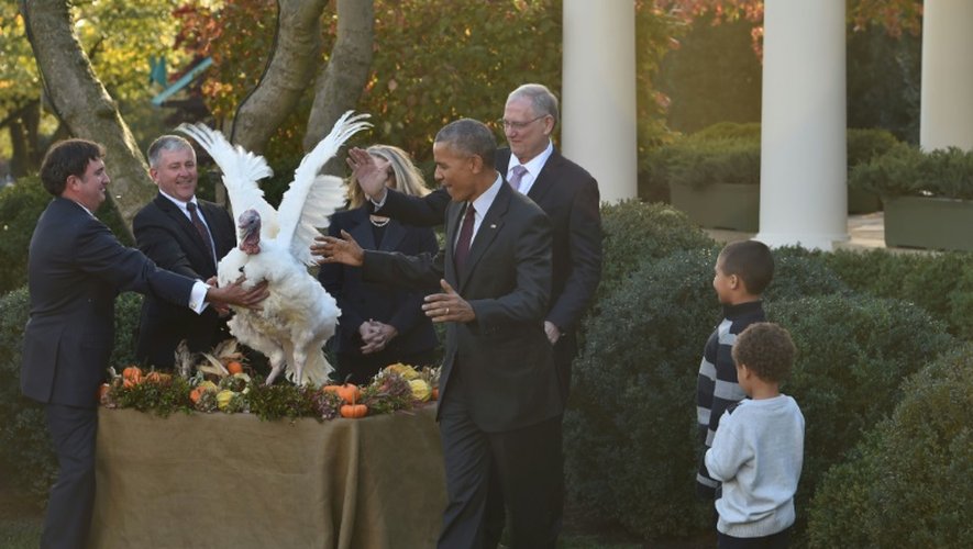 Le président Barack Obama et ses neveux Austin et Aaron Robinson gracient une dinde selon la tradition pour Thanksgiving dans les jardins de la Maison Blanche le 23 novembre 2016