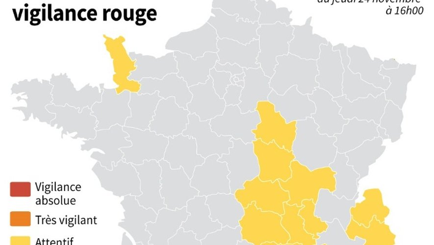 Carte de France des départements placés en vigilance rouge et orange pour des risques d'orages, vent et pluie-inondation selon Météo France