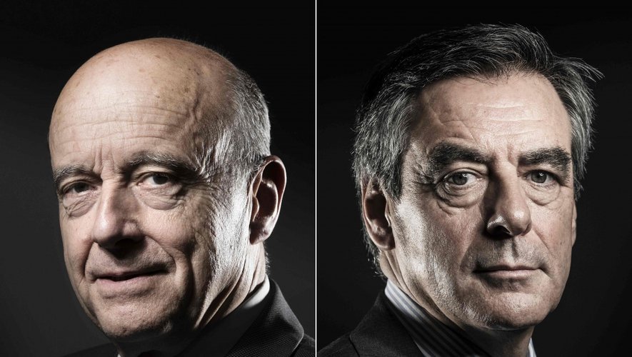 (COMBO) This combination of file pictures created on November 25, 2016 shows Alain Juppe (L) on October 26, 2016 and Francois Fillon (R) on November 25, 2016 during photo sessions in Paris.
Fillon and Juppe, both former prime ministers, will go head-to-head in a run-off of France's rightwing presidential primary on November 27, 2018, ahead of the presidential election of May 2017. / AFP PHOTO / JOEL SAGET