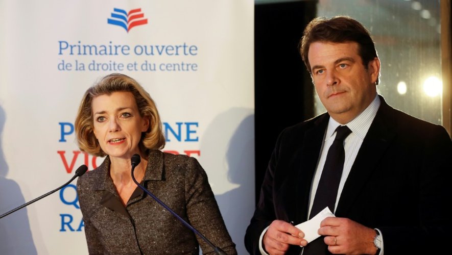 Le président du comité d'organisation de la primaire Thierry Solère et Anne Levade, présidente de la Haute Autorité de la primaire, annoncent les résultats à Paris le 27 novembre 2016