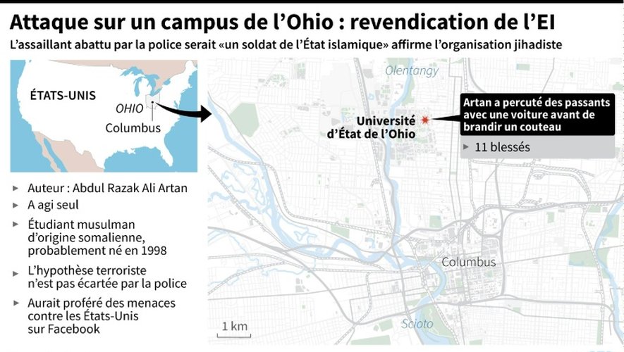 Carte du campus de l'université d'Etat de l'Ohio localisant l'attaque d'un étudiant, abattu par la police