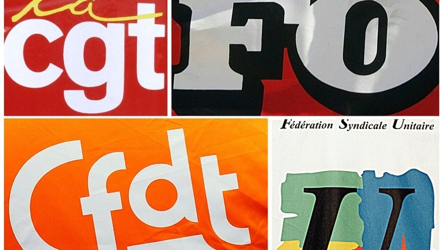 Montage en date du 3 décembre 2014 des logos de quatre syndicats, la CGT, FO, CFDT et FSU