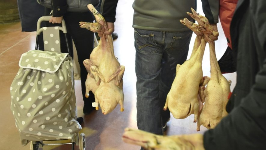 Des acheteurs repartent le 5 décembre 2016 avec des carcasses de canards gras lors du traditionnel marché aux volailles et au gras de Samatan (Gers)