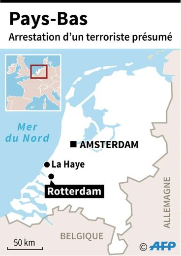 Carte localisant Rotterdam où un homme de 30 ans a été interpellé. Il est "soupçonné d'avoir préparé un crime terroriste"