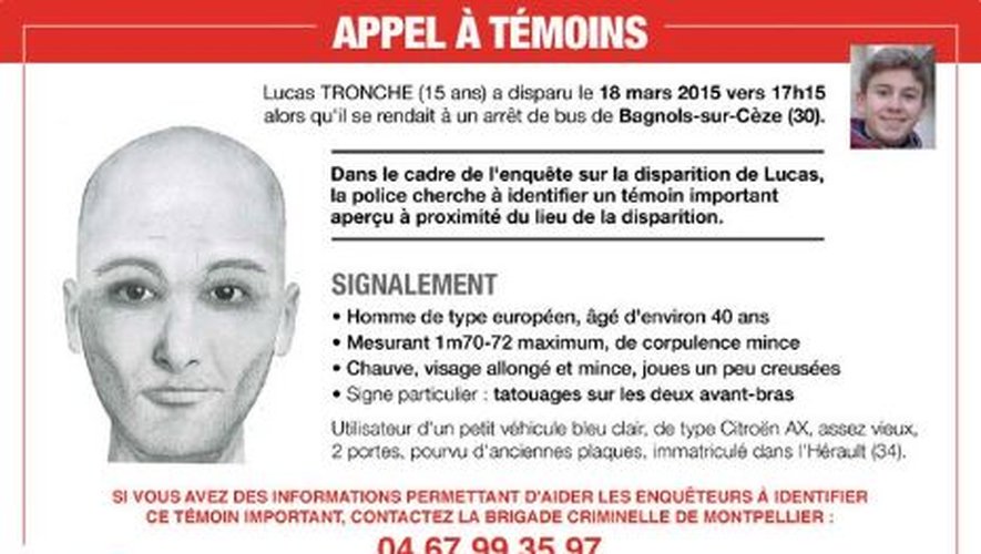 Disparition de Lucas Tronche : la police diffuse le portrait robot d'un témoin important