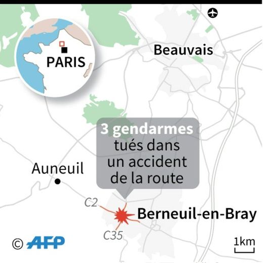Carte localisant l'accident de la route à Berneuil-en-Bray dans lequel 3 gendarmes ont été tués