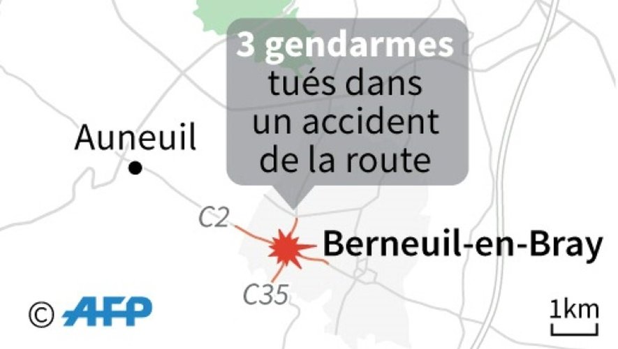 Carte localisant l'accident de la route à Berneuil-en-Bray dans lequel 3 gendarmes ont été tués