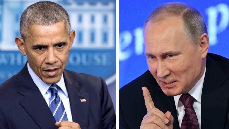 Un combo avec une photo de Barack Obama du 16 décembre 2016 à la Maison Blanche et une photo de Vladimir Poutine du 23 décembre 2016 à Moscou