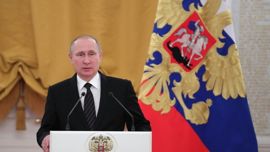 Le président Vladimir Poutine lors d'une conférence de presse le 28 décembre 2016 au Kremlin à Moscou
