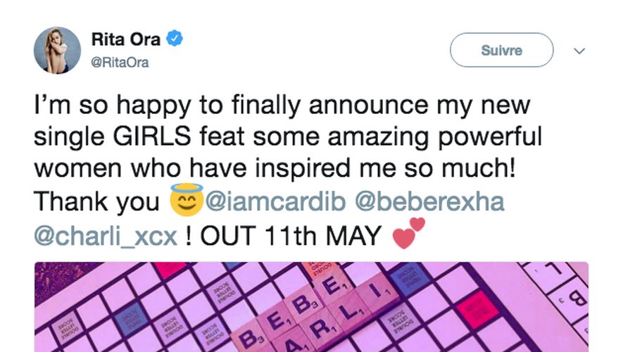 Rita Ora annonce la sortie de son prochain single via Twitter.