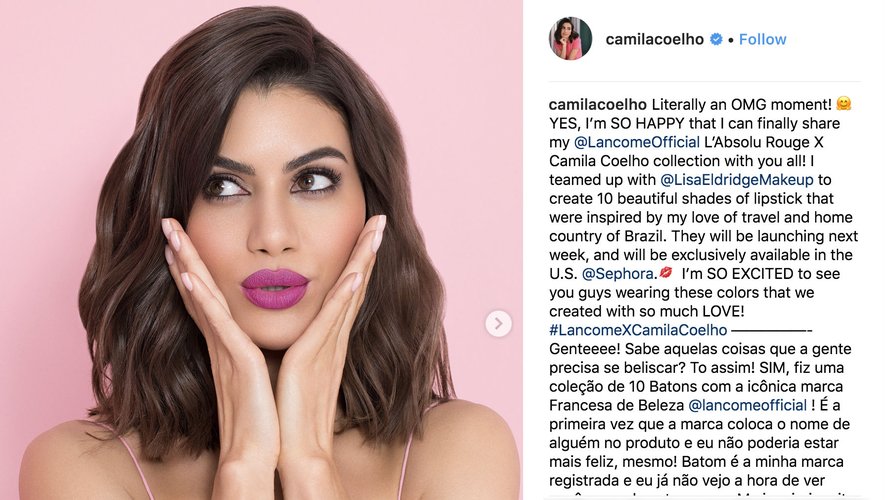 Camila Coelho sur Instagram 2018 (Lancôme L'Absolu Rouge X Camila Coelho).