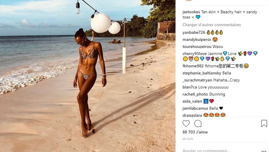 Jasmine Tookes a privilégié un bikini imprimé léopard pour ses vacances en Jamaïque.