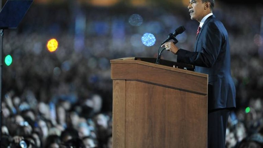 Barack Obama, candidat démocrate à la Maison Blanche, s'adresse à ses supporters à Grant Park au soir de son élection, le 5 novembre 2008, à Chicago