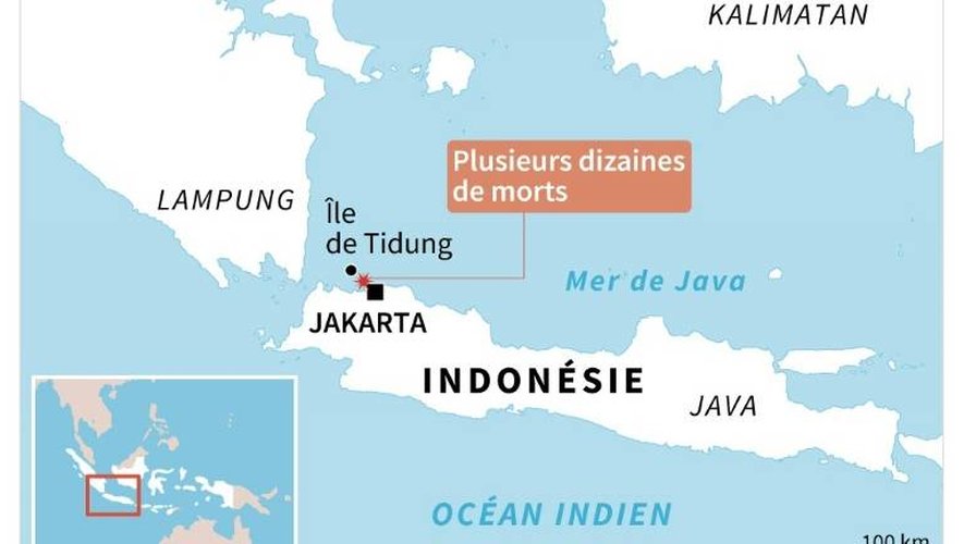 Carte localisant l'incendie a bord d'un navire ayant fait des dizaines de morts dimanche entre Jakarta et l'ile de Tidung