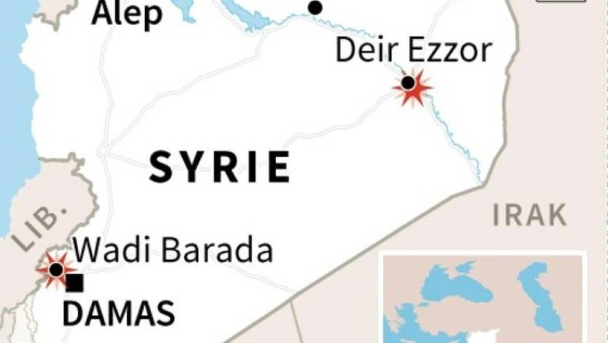 Localisation des affrontements entre régime et rebelles dans la région de Damas, et de l'avancée du groupe EI vers Deir Ezzor.