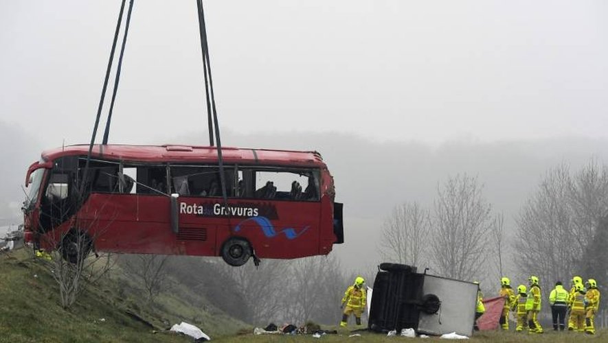 Des secouristes sur les lieux de l'accident d'un autocar près de Charolles, en Saône-et-Loire, le 8 janvier 2017