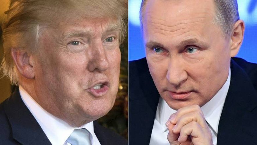 Montage en date du 30 décembre 2016 de portraits de Donald Trump, le 28 décembre 2016 à Palm Beach, et de Vladimir Poutine, le 23 décembre 2016 à Moscou