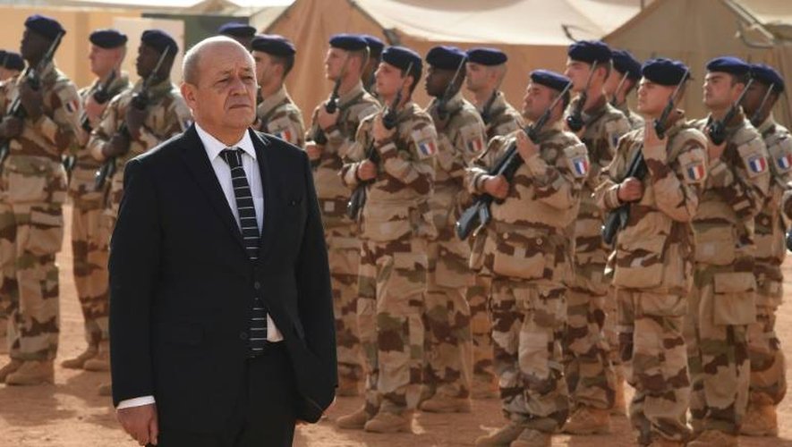 Le ministre de la Défense, Jean-Yves Le Drian lors d'une revue de troupes, le 2 janvier 2015, à Gao au nord u Mali.
