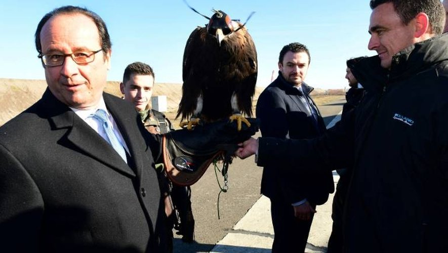 François Hollande et un faucon utlisé pour lutter contre les drones, lors d'une visite à Mont-de-Marsan, le 6 janvier 2017.