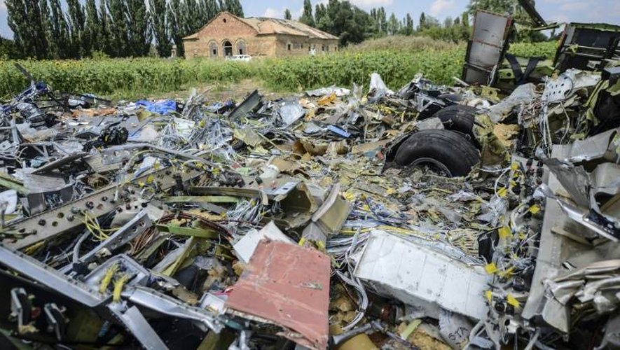 Débris de l'avion du vol MH17 à Grabové, dans l'est séparatiste prorusse de l'Ukraine, le 23 juillet 2014